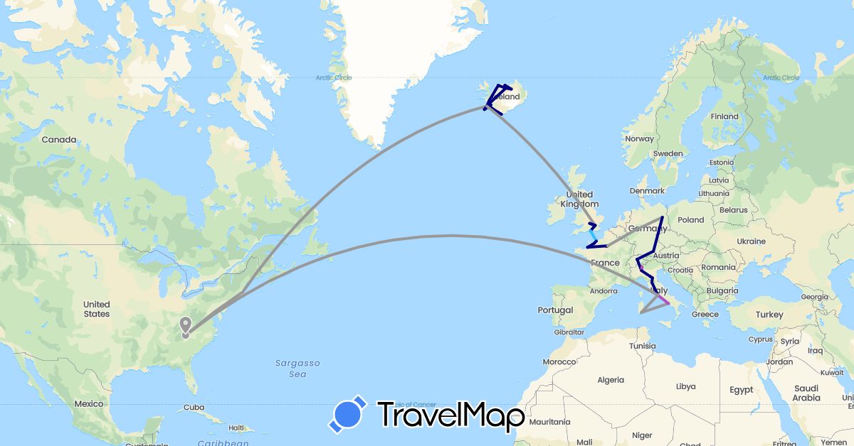 TravelMap itinerary: driving, plane, train, boat in Switzerland, Germany, France, United Kingdom, Iceland, Italy, United States (Europe, North America)